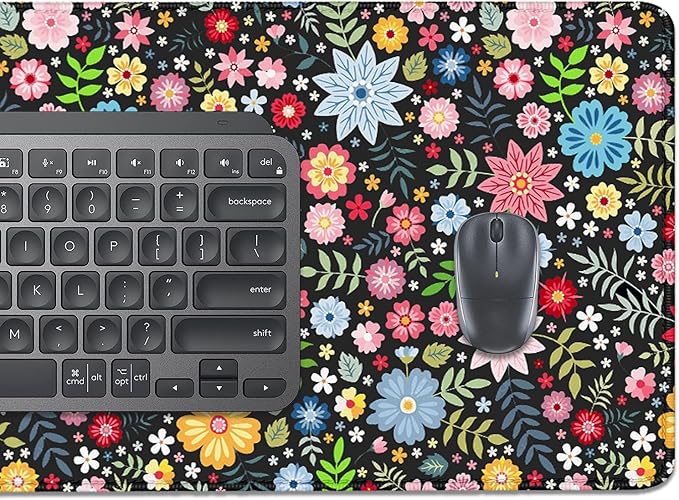 Colorful Flowers Desk Pad Mouse Pad,Large XL Floral Mouse Mat with Stitched Edges,Non-Slip Rubber Base Mousepad for Office PC Keyboard Laptop and Home Work Desk Mat(31.5X11.8 in)