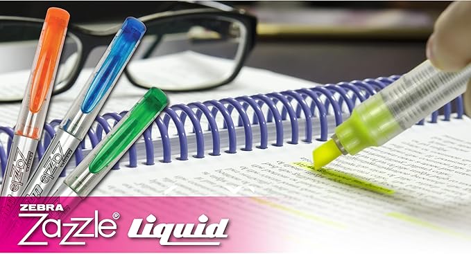 Zebra Pen, Liquid Zazzle Highlighter, Chisel Tip, Assorted Fluorescent Colors, Visible Ink Supply, Easy Glide Liquid Ink, Smooth Flow, for School or Office Use, 10-Pack (71111)