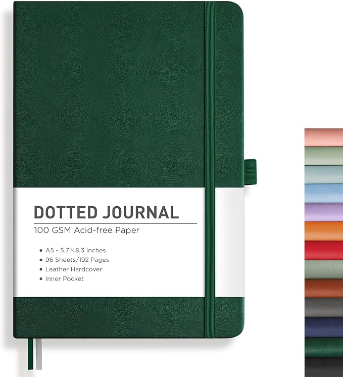 RETTACY Dotted Journal Notebook, 192 Pages, A5 Medium Size (5.7'' x 8.3''), Leather Hardcover, 100 GSM Thick Paper, for Bullet Journaling, Planning, Tracking (Dark Green)