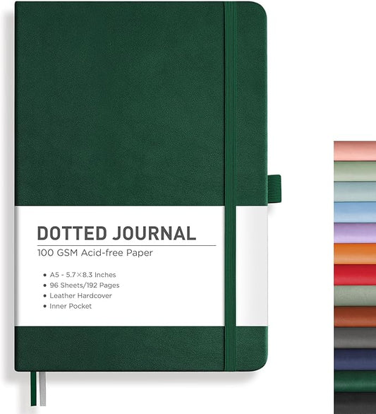 RETTACY Dotted Journal Notebook, 192 Pages, A5 Medium Size (5.7'' x 8.3''), Leather Hardcover, 100 GSM Thick Paper, for Bullet Journaling, Planning, Tracking (Dark Green)