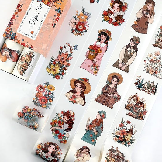 Dizdkizd Cute Flower Girl PET Tapes & Washi Tapes Stickers for Journaling, Pre-Cut Scrapbook Tapes for Crafts, Planners, Collage, 4 Rolls