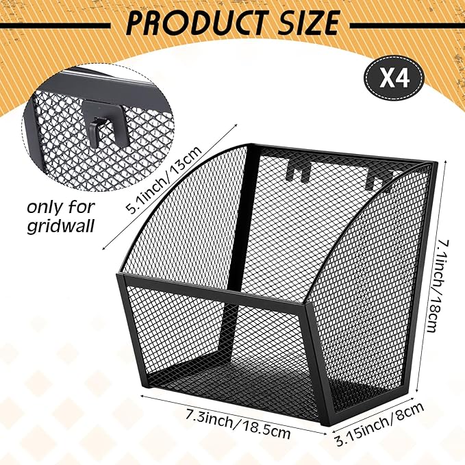 4 Pack Grid Wall Baskets Metal Wire Storage Basket Hanging Wall Mount Bins Containers Accessories for Organizing Storage Display Kitchen Office Garage Home Bathroom, Black