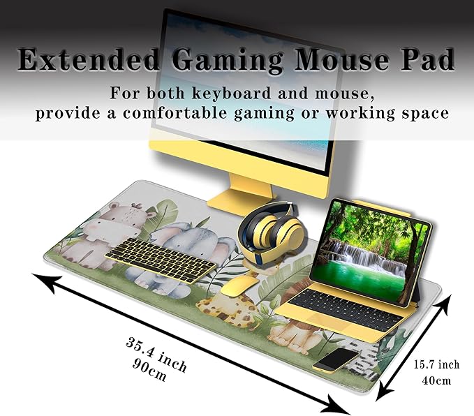 Large Mouse Pad Desk Pad Mat Keyboard Mouse Pads Pc Mousepad Mouse and Keyboard Pad Waterproof Non-Slip Rubber Base 35.4" X 15.7" for Game Office, Watercolor Safari Animal Banner