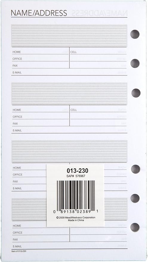 AT-A-GLANCE Day Runner Telephone and Address Pages, Refill, Loose-Leaf, Undated, for Planner, 3-3/4" x 6-3/4", Size 3, 30 Sheets/Pack (013-230)