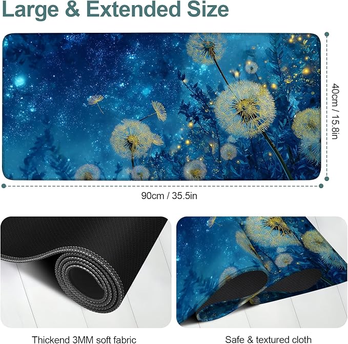 Dandelion Galaxy Extended Gaming Mouse Pad 35.4 x 15.7 Inch – Large Desk Mat for Gaming, Office Work, and Study, Featuring Dandelion and Cosmic Blue Theme with Non-Slip Rubber Base