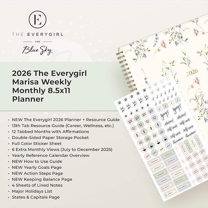 Blue Sky The Everygirl 2026 Weekly and Monthly Planner Calendar, January 2026 - December 2026, 8.5" x 11", Flexible Cover, Durable Twin Wire Binding, Storage Pocket, Includes Stickers, Marisa