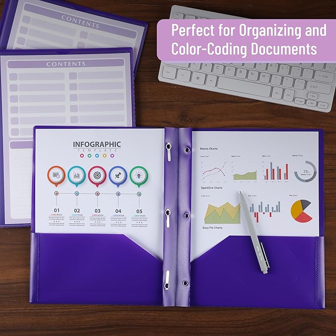 Mr. Pen- Plastic Folders with Pockets and Prongs, 24 Pack, Letter Size, Purple, Flexible Plastic Folders with Prongs, Clear Front Pocket and Card Slot