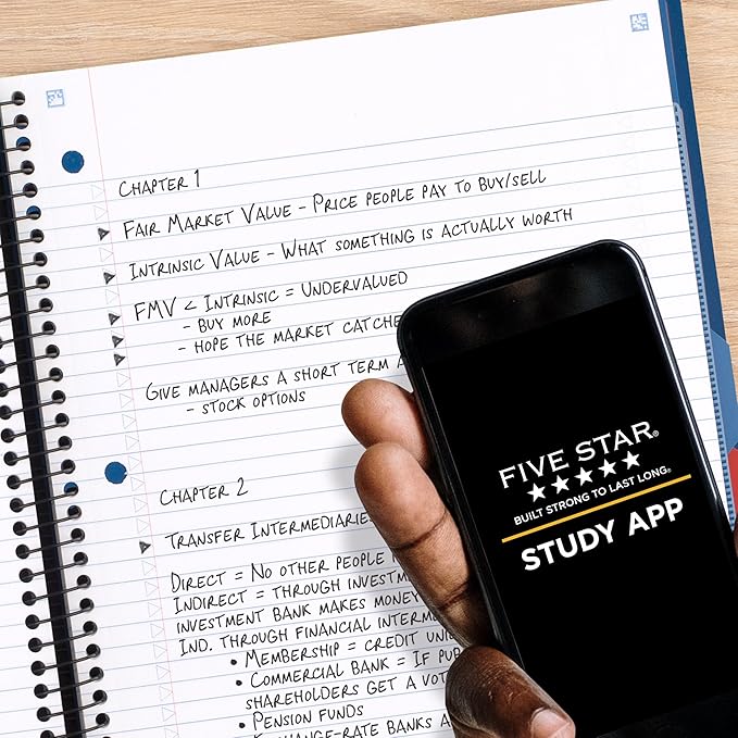 Five Star Advance Spiral Notebook + Study App, 5 Subject, College Ruled Paper, 8-1/2" x 11", 200 Sheets, Spiral Guard, Movable Tabbed Dividers, White (73154)
