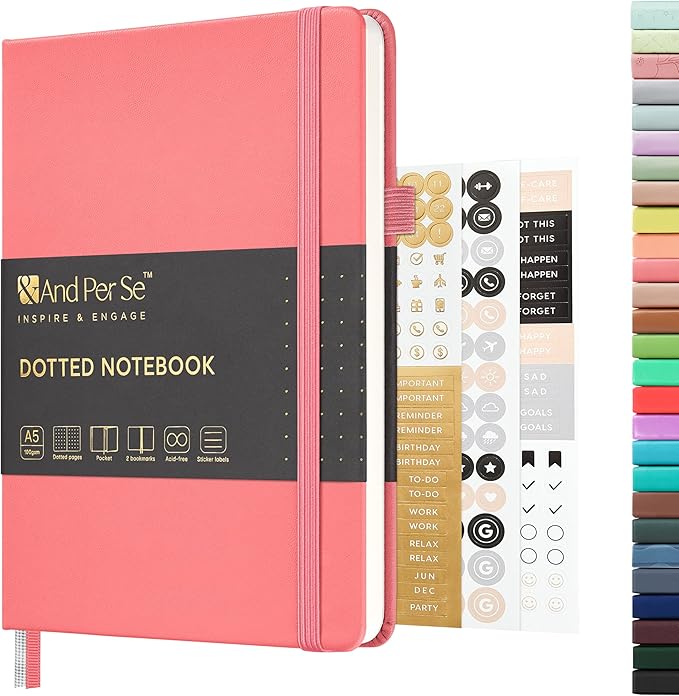 &And Per Se Dotted Journal Notebook, A5 Hardcover Leather Bullet Dotted Journal, 160 Pages 100 gsm Thick Dotted Paper, Valentine's Day Gift Journals for Her (Rose pink)