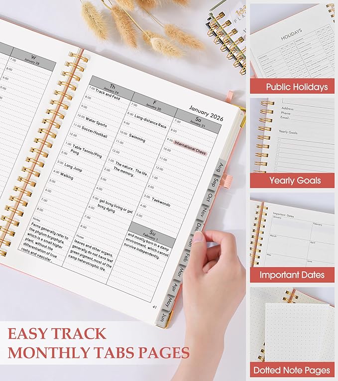 2026 Planner, Weekly and Monthly Calendar Planner from January 2026 - December 2026, 8.5" x 11" Hardcover Leather Hourly Appointment Book with Tabs, Spiral Daily Planners for College School Work Home, Pink