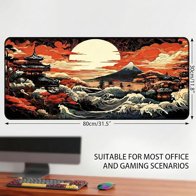 Manicer Japanese Sunset Wave Gaming Mouse Pad – Large Extended Mouse Mat with Pagoda Mountain Landscape, Smooth Control Surface, Non-Slip Rubber Base, Waterproof Mousepad for Office & Home