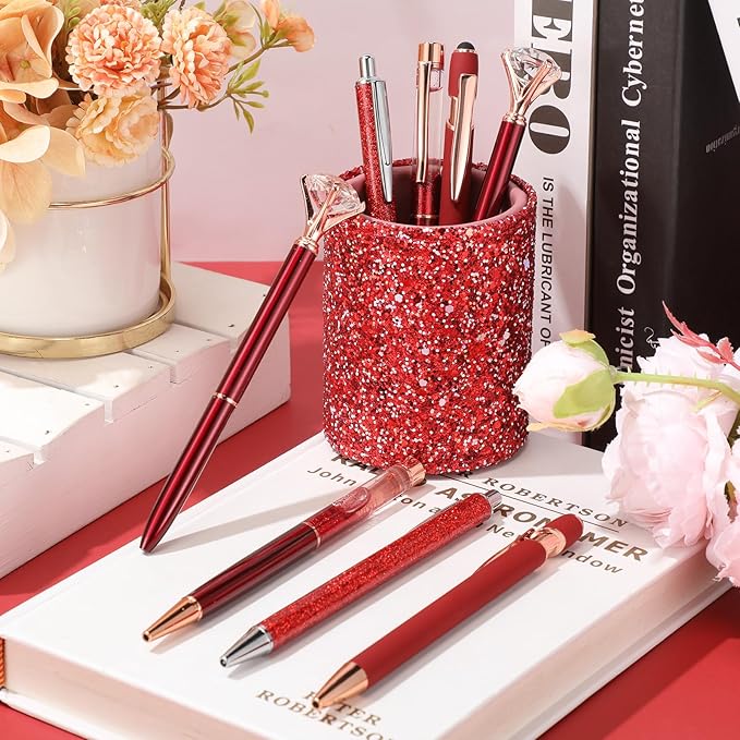 Sabary 8 Pcs Red Pens with Pen Holder for Desk Glitter Crystal Diamond Cute Ballpoint Fancy Pencil Holder Bling Desk Organizer for Women Girls Gifts School Office Valentine Supplies