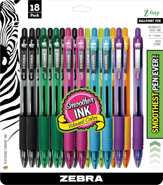 Zebra Pen Z-Grip Retractable Ballpoint Pen, Smooth-Flowing Assorted Fashion Colors, 1.0mm Medium Point, School & Office Supplies, Ideal for Note-Taking, Journal and Planner Use, 18-Pack (22208)