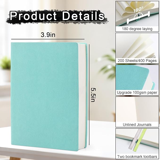 DreamDove Thick Blank Journal Notebook 400Pages Hardcover Sketch Book Notebook Blank Journal Unlined No Lines Soft Leather Cover A6 (3.9 × 5.5) Journal Leather Notepad Drawing Book Memo Writing Sketch Pad Diary Notebook (Light Cyan-400 Page)