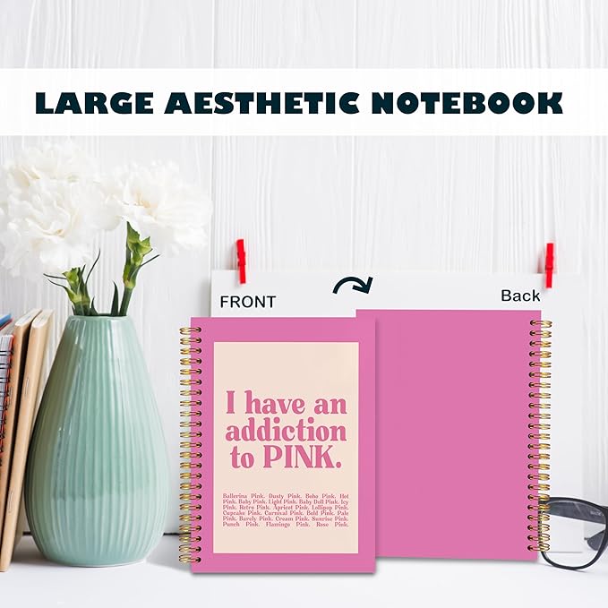 BearCake Preppy Pink Notebook Journal, Office Supplies, I Have an Addiction to Pink Hardcover Spiral Notebook 5.5x8.3, Desk Accessories for Women Office