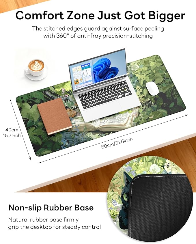 XL Gaming Mouse Pad, 31.5x17.5'' Large Desk Mat with Anti-Slip Rubber Base & Stitched Edges for Gaming, Office, Home - Reading Cat