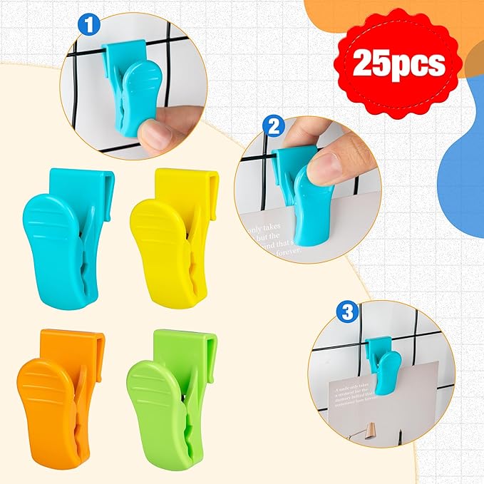 Starry 25 PCS Grid Wall Clips, Colorful Gridwall Sign Holder, Multifunctional Plastic Display Sign Holder Panel Clips for Home, Retail, Workspace Organization & Displays
