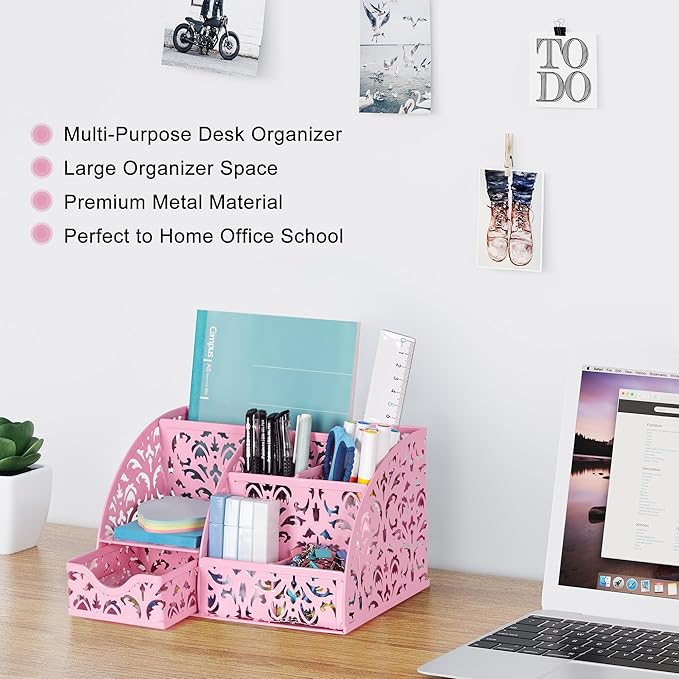 EasyPAG Pen Holder Desk Organizer with Drawer Pencil Cup for Desk 6 Compartments Metal Office Caddy Storage with Sticky Notes Holder for School Home Office, Pink