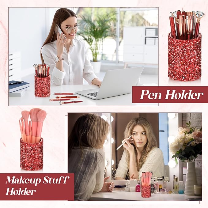 Sabary 8 Pcs Red Pens with Pen Holder for Desk Glitter Crystal Diamond Cute Ballpoint Fancy Pencil Holder Bling Desk Organizer for Women Girls Gifts School Office Valentine Supplies