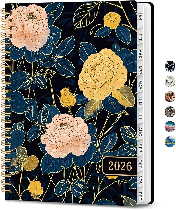 2026 Planner, Weekly and Monthly Planner for Women, January 2026 to December 2026, Pretty Hardcover 2026 Calendar Planner Book with Tabs, Inner Pocket, Spiral Bound, Perfect Office Home School Supplies - 6.3" x 8.5", Luxe Peony