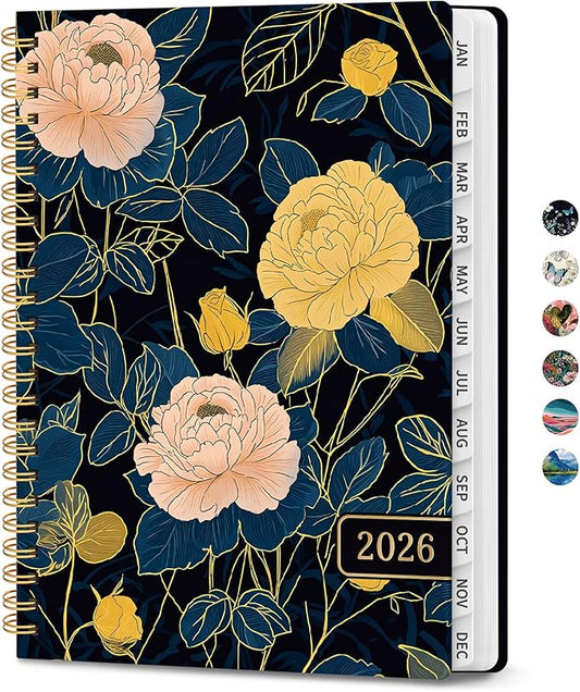 2026 Planner, Weekly and Monthly Planner for Women, January 2026 to December 2026, Pretty Hardcover 2026 Calendar Planner Book with Tabs, Inner Pocket, Spiral Bound, Perfect Office Home School Supplies - 6.3" x 8.5", Luxe Peony