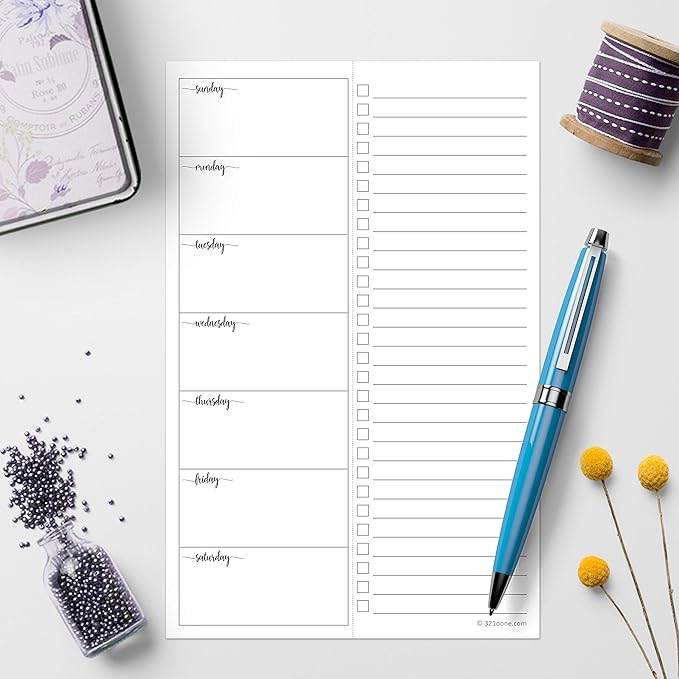 321Done Weekly Plan with Checklist Notepad – 50 Sheets (5.5x8.5) Small – Made in USA - Two Column, Minimalist to-Do Planning Memo Pad, Simple Planner Schedule Inserts Sunday Start