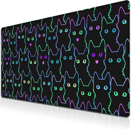 Big Mouse Pad Black Purple The Desk Pad Computer Mouse Pads Keyboard Pads Deskmat Waterproof Non-Slip Rubber Base 35.4" X 15.7" for Game Office, Cartoon Cat with Neon Lines Design