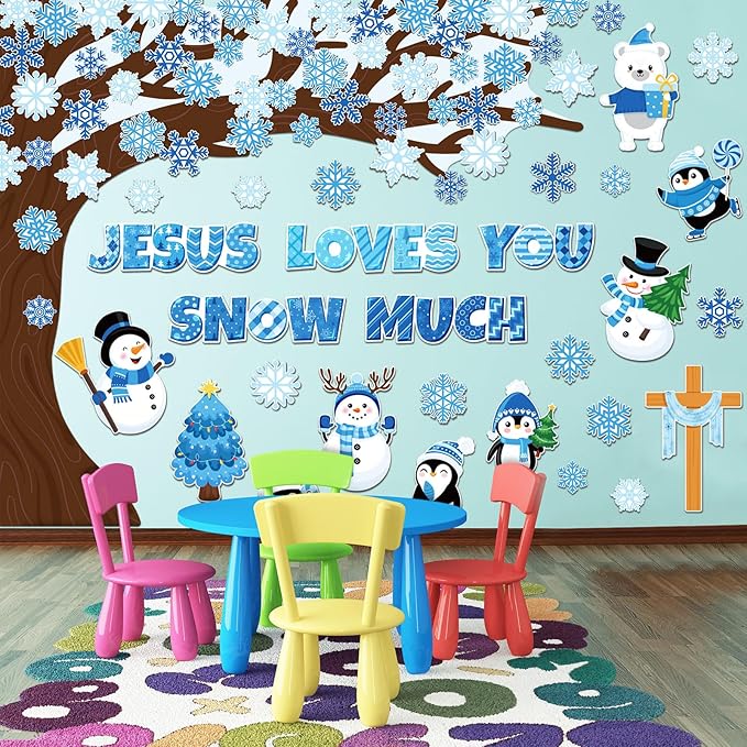 Zonon 114 Pcs Winter Bulletin Board Decorations Christmas Religious Christian Bulletin Board Set Snowflake Snowman Tree Jesus Loves You Snow Much Cutouts Winter Classroom Decorations for School Wall