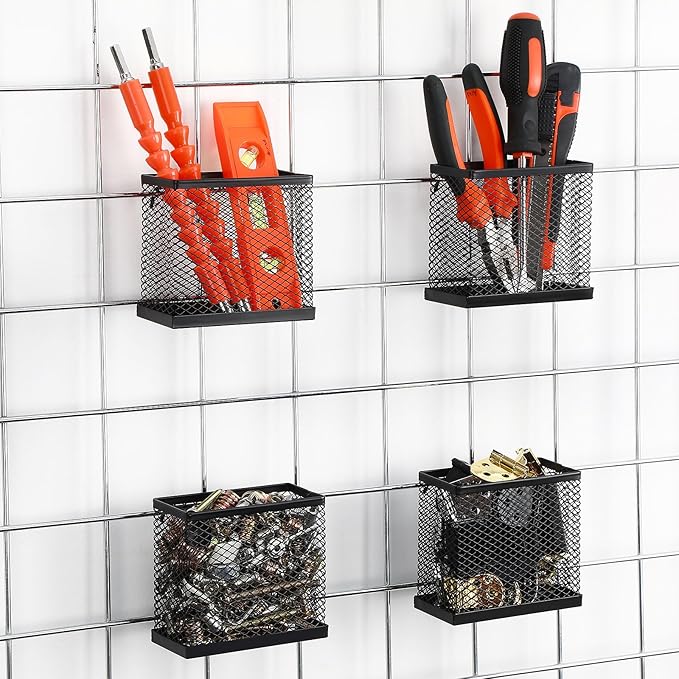 4 Pcs Black Grid wall Bins Storage Bin with Hooks Hanging Baskets Square Box Shape Mesh Baskets for Grid Wall for Garage Garden Office Tools Storage