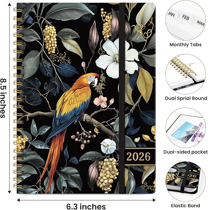2026 Planner, Weekly and Monthly Planner for Women, January 2026 to December 2026, Pretty Hardcover 2026 Calendar Planner Book with Tabs, Inner Pocket, Spiral Bound, Perfect Office Home School Supplies - 6.3" x 8.5", Tropical Parrot