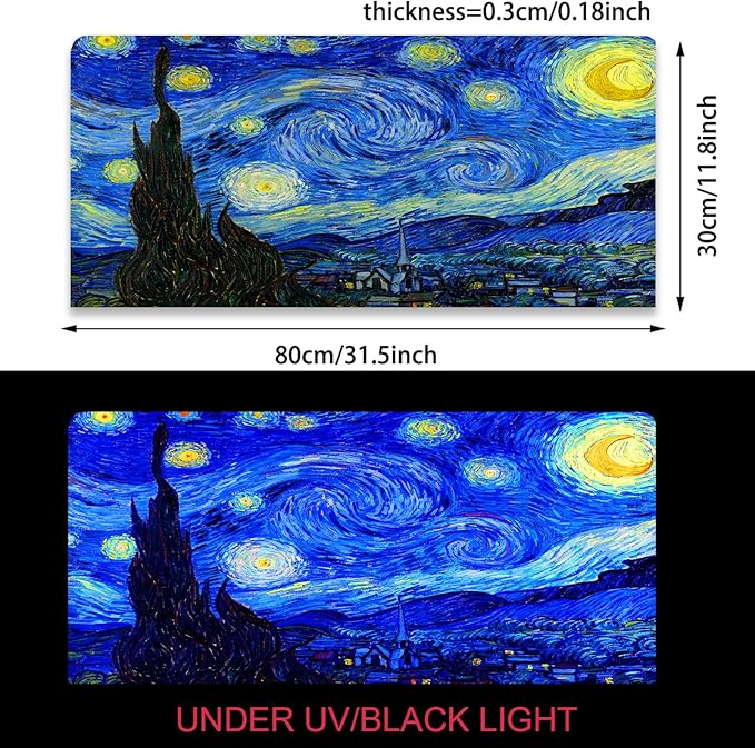 Manicer Blacklight Starry Night Mouse Pad, Van Gogh Painting Gaming Extended Large Desk Pad, UV Reactive Long Big Mouse Mat with 3mm Non-Slip Rubber Base for Office Home - 31.5" x 11.8"