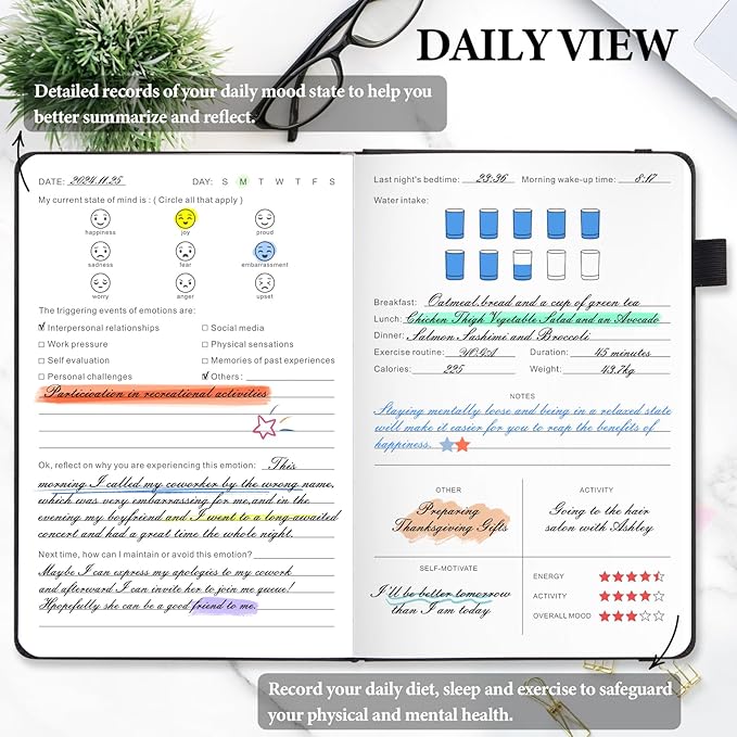 JUBTIC Mood Tracker Journal, Mental Health Journal for Women, 100-Day Self Care & Anxiety Journal with Wellness Tracker and Monthly Reflection, ADHD Planner to Practice Positive Thinking, Black