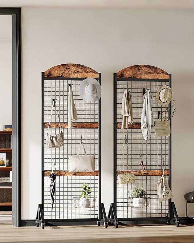Grid Wall Panel 5.7' x 2' FT Grid Display Rack, 2 Pack Movable Gridwall Display Stand with 8 S-Shaped Hooks and 8 Garment Hooks, Floorstanding Wire Grid Rack, Rustic Brown and Black TCJ17P2BF