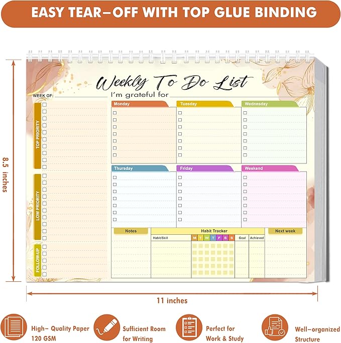 Weekly Planning To-Do-List Pad, 52 Undated Sheets for Daily To-Do Lists, Habit Tracking, Academic Scheduling, and Productivity Goals - Perfect for Work, Home, and Office Organization 8.5x11 inches