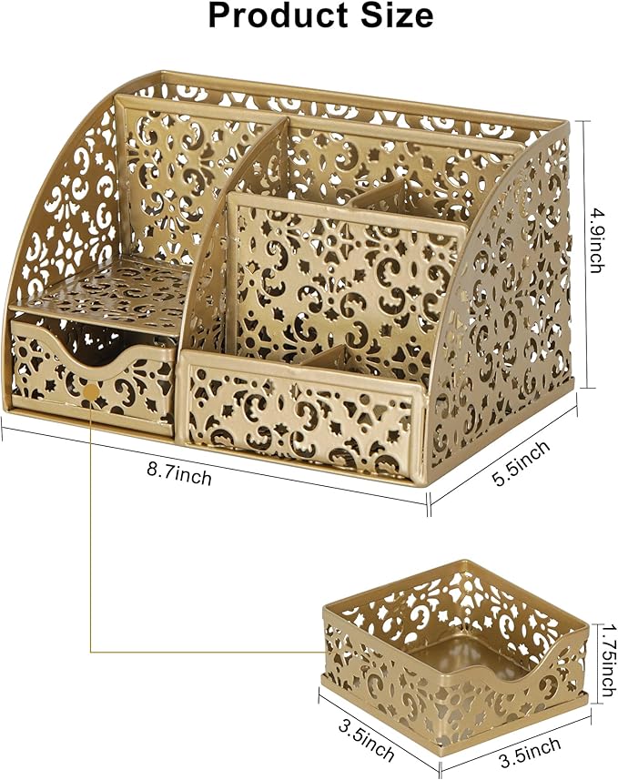 EasyPAG Pen Holder Desk Organizer with Drawer Pencil Cup for Desk 6 Compartments Metal Office Caddy Storage with Sticky Notes Holder for School Home Office, Gold