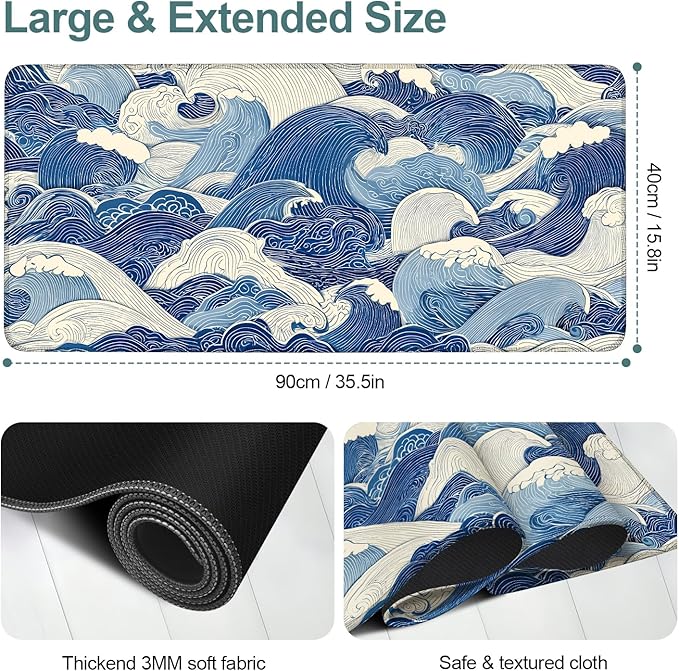Ocean Waves Extended Gaming Mouse Pad 35.4 x 15.7 Inch – Stylish Desk Mat for Gaming, Office, and Study with Non-Slip Rubber Base