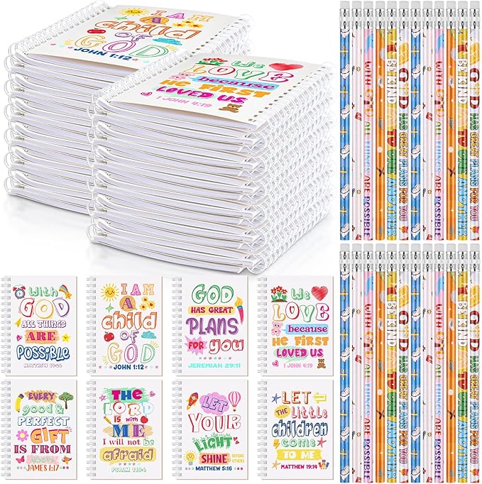 Crtiin Easter 48 Pcs Include 24 Bible Verse Notepad 24 Pencils Kids Christian Church Gifts Students Classroom Award Religious Notebook Bible Pencils Prayer Pocket School (White Jesus,White)