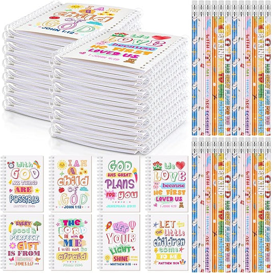 Crtiin Easter 48 Pcs Include 24 Bible Verse Notepad 24 Pencils Kids Christian Church Gifts Students Classroom Award Religious Notebook Bible Pencils Prayer Pocket School (White Jesus,White)