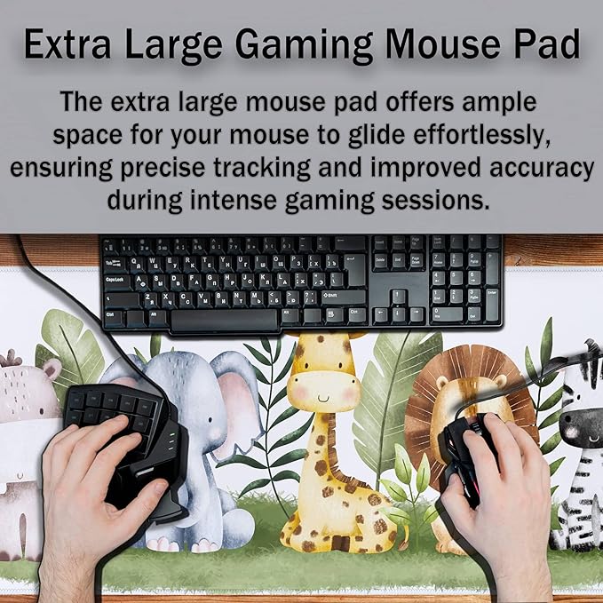 Large Mouse Pad Desk Pad Mat Keyboard Mouse Pads Pc Mousepad Mouse and Keyboard Pad Waterproof Non-Slip Rubber Base 35.4" X 15.7" for Game Office, Watercolor Safari Animal Banner
