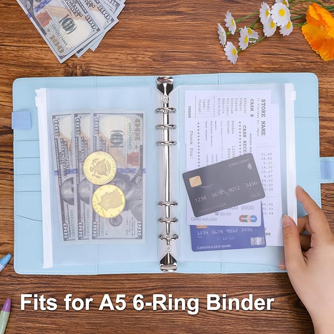 Antner 50pcs A5 Binder Pockets 6-Hole Budget Planner Inserts Cash Stuffing Envelopes for Money Organizer, White Zipper Pouch Folders Waterproof PVC Loose Leaf Filling Bags for A5 6-Ring Savings Binder
