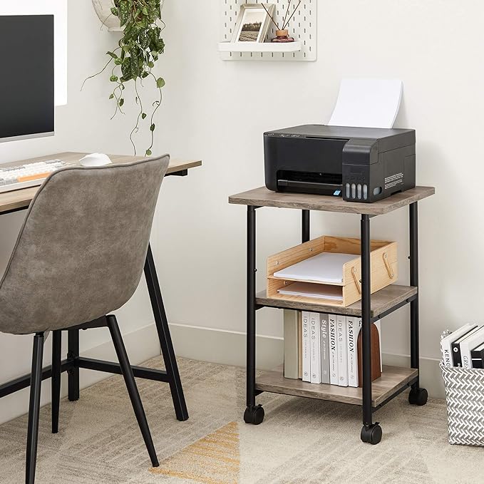 VASAGLE Heavy-Duty Printer Stand with Locking Wheels, 3-Tier Industrial Mobile Cart with Storage Shelf, Printer Table for Home, Office, 26.2-30.1" Adjustable Height, Heather Greige and Black