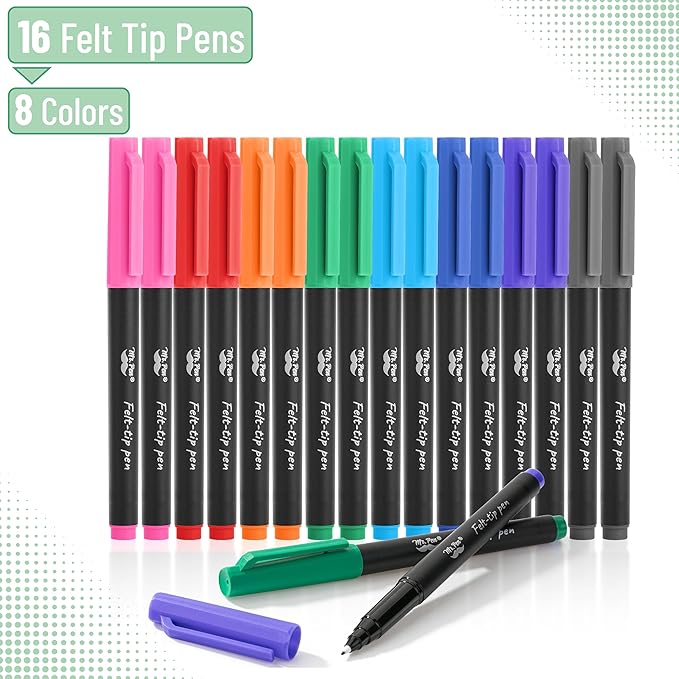 Mr. Pen- Felt Tip Pens, 16 Pack, 0.7mm Colorful Felt Pens, No Smear, Quick Dry