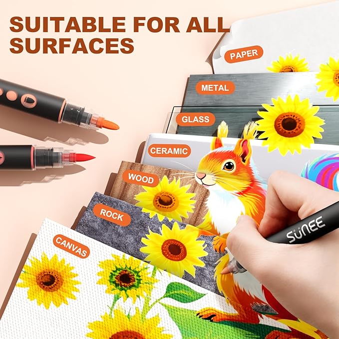 SUNEE 18 Colors Acrylic Paint Markers, Dual Tip Bullet & Brush Paint Pens with Automatic Ink Control System, Art Supplies for Adults & Teens, for Rock, Wood, Canvas, Glass Creative Projects
