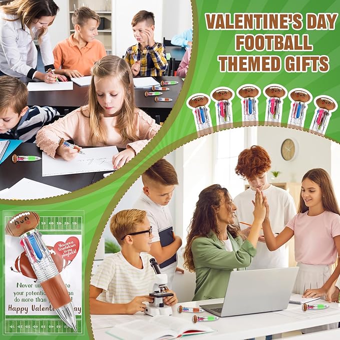 Colarr 24 Set Football Valentines Gifts Multicolor Pens with Positive Cards for Valentines Day Party Favors Classroom Prizes Students Football Team Goodie Bags Stuffers 4 in 1 Ballpoint Pens