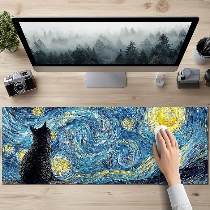 Black Cat XL Mouse Pad 31.5 x 11.8 Inch Gaming Mousepad Diatomite Large Keyboard Mouse Pad for Home and Office Desk Accessories with Night Sky Swirl Cat Silhouette Artwork