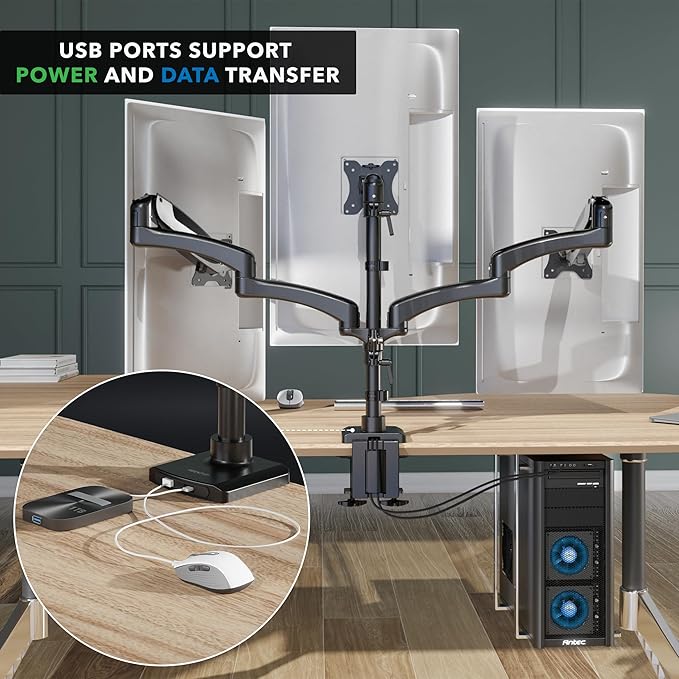 Mount-It! Triple Monitor Mount Desk Stand, 3 Monitor Desk Mount with Gas Spring Arms, Fits 13–32 Inch Screens up to 17.6 lbs per Arm, VESA 75 & 100, Clamp or Grommet Base, USB-A & C Ports, Black