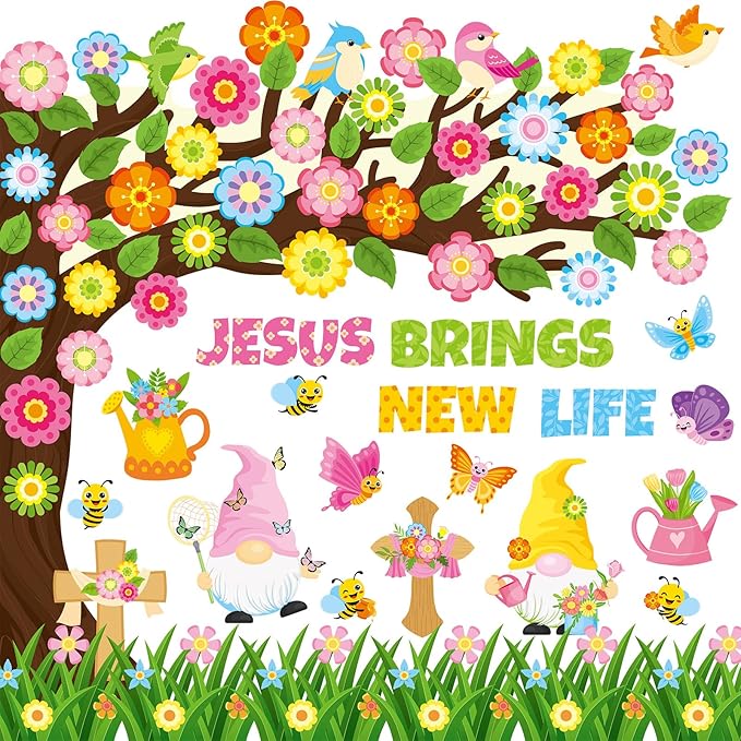 Zonon 114 Pcs Christian Spring Classroom Bulletin Board Decorations Flower Tree Bulletin Board Set Religious Spring Cutouts for Sunday School Kids Office School DIY Projects Chalkboard Supply