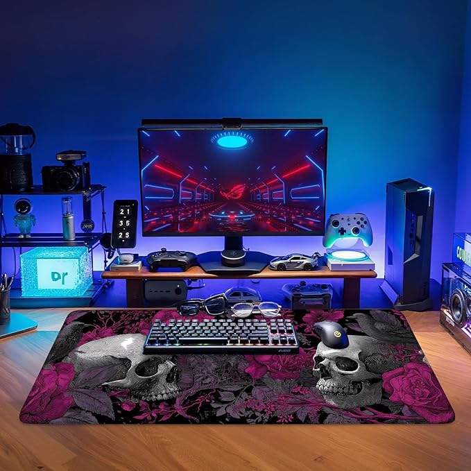 Skull and Roses XXL Extended Gaming Mouse Pad 35.4 x 15.7 Inch – Large Gothic Desk Mat with Non-Slip Rubber Base, Smooth Cloth Surface, Stitched Edges