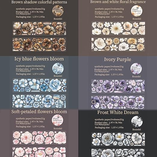 6 Rolls Floral Washi Tape Set,Pre-Cut Scrapbook Flower Tape Stickers for Journaling Supplies,Junk Journal,Scrapbooking,Notebook,Phone Case,Cups,Planner(Flower Dwelling Leisurely)