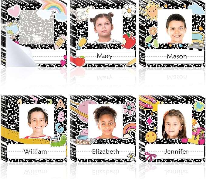 42pcs Composition Book Desk Name Tags Kids Photo Nameplates for Desk Student Name Plates for Classroom Kindergarten Labels Stickers with Photo Self Adhesive Colorful Classroom Decoration